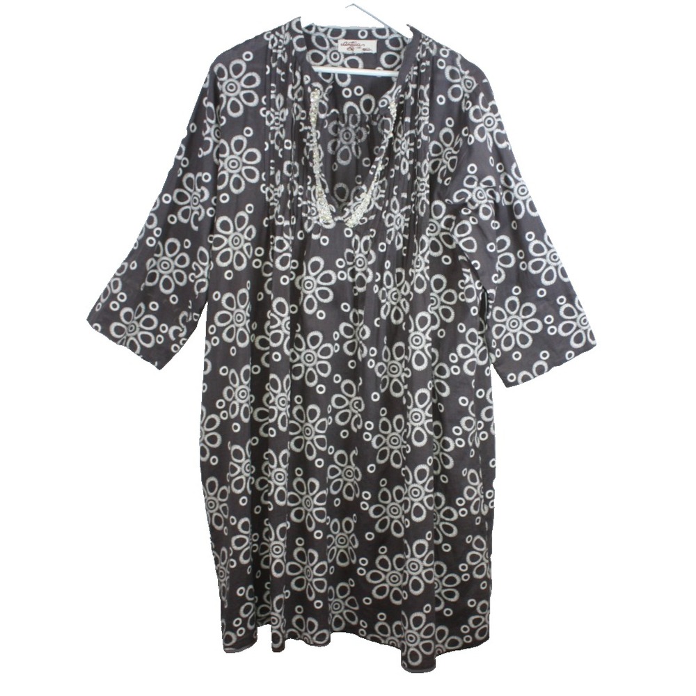 Antica Sartoria Dress Womens Size 3 Grey Circles Pleated Beaded V Neck Lagenlook